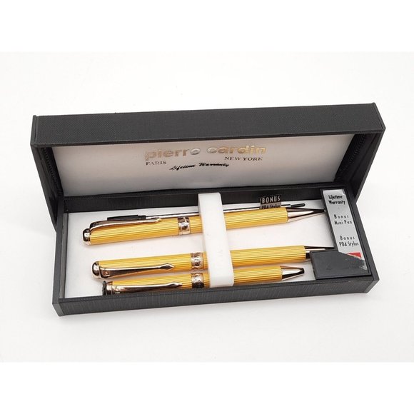 Vintage Pierre Cardin 4 Piece Pen,Pencil Set / New York & Paris Ribbed Gold Tone - Picture 2 of 4